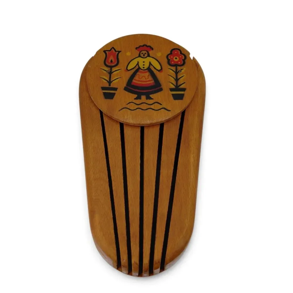 Vtg Mid Century Wooden Knife Block Wall Hanging Folk Art Yugoslavia Hand Painted